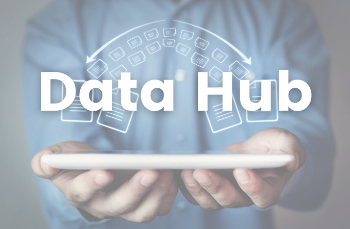 Illustration of the Data Hub showing a person holding a tablet, with overlaid data transfer icons and the text “Data Hub”.