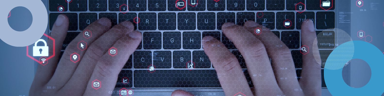A close-up view of hands typing on a computer keyboard, with digital icons and hexagonal graphic elements representing the protection and management of intellectual property rights.