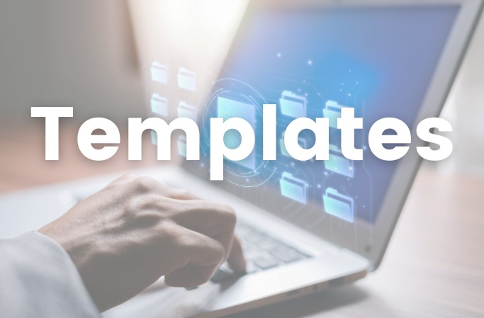 Image illustrating the Templates solution: a hand using a laptop displaying digital interface icons, with the word “Templates” overlaid.