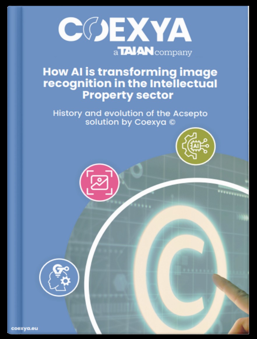 Cover of a Coexya white paper titled “How AI is transforming image recognition in the Intellectual Property sector,” showing a hand pointing at a digital © symbol with AI-related icons.