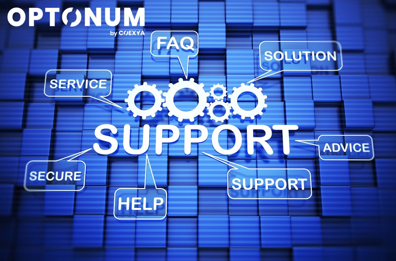 Image showing the range of Optonum support resources available: Support, Help Centre, Training, FAQ...