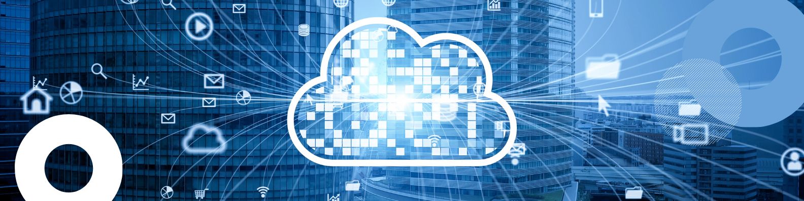 A large cloud icon representing cloud technology is displayed at the center of an urban background filled with buildings and digital pictograms. The image illustrates Optonum by Coexya a unified and secure SaaS solution.