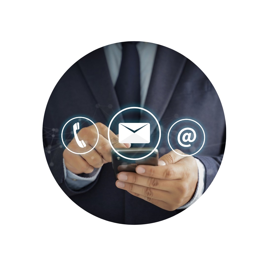 Man in a suit using a smartphone, with contact icons (phone, email, at symbol) displayed as overlays, illustrating the Optonum by Coexya contact form