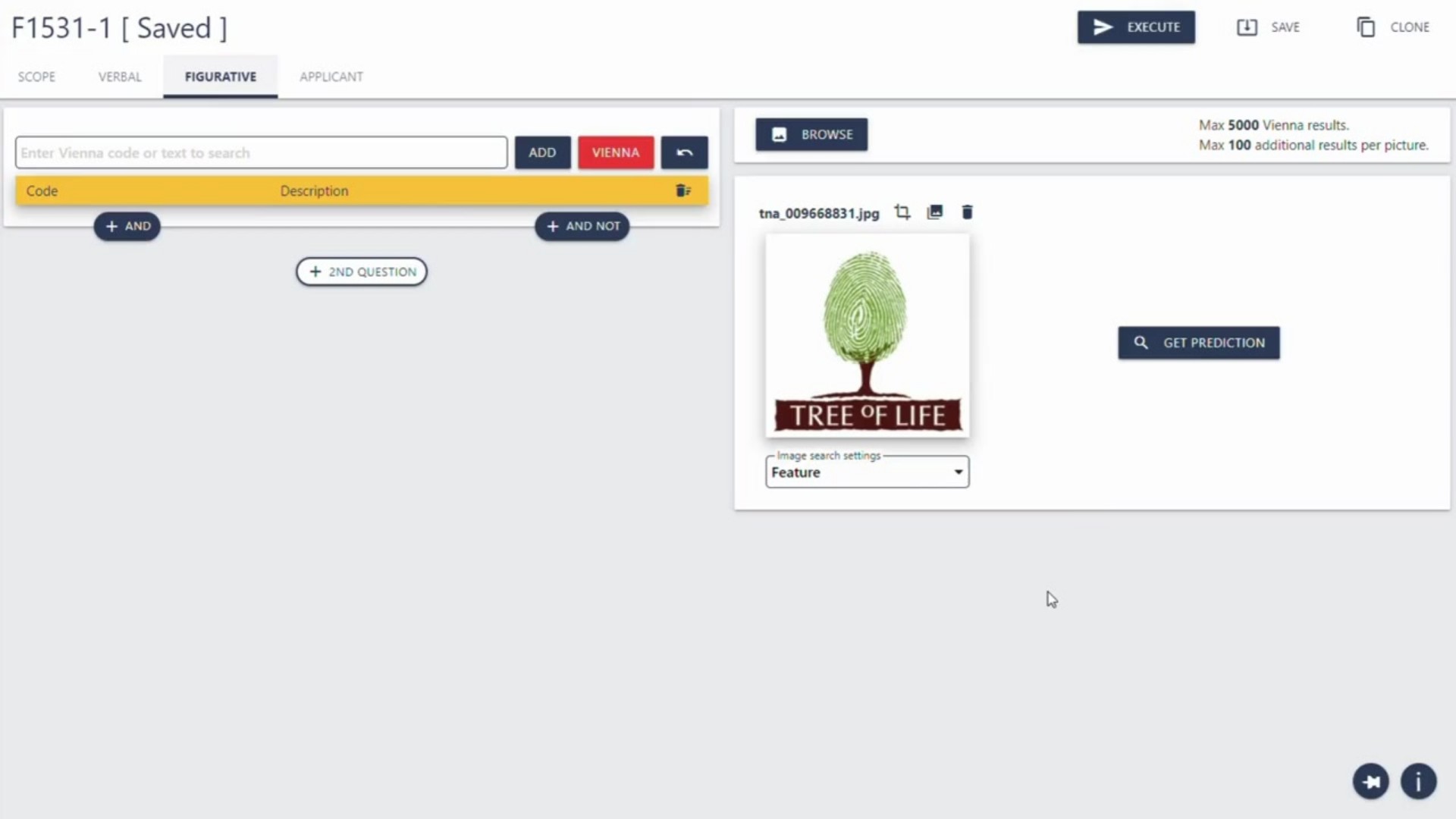 Acsepto tool interface displaying a search and examination screen, with a criteria form, a result display area, and a preview of a figurative trademark “Tree of Life”.