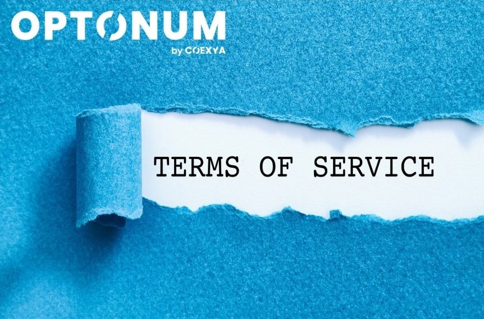 Image of a torn blue paper revealing the text “Terms of Service”, with the Optonum by Coexya logo.